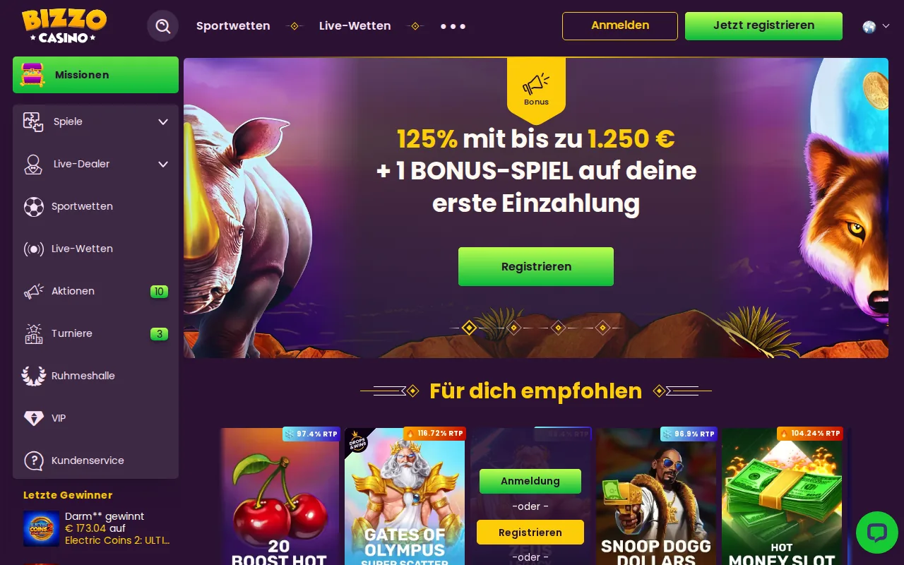 Startseite von bizzocasino-x.com (Screenshot)